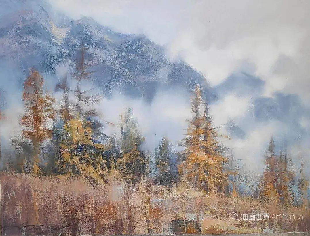 雾气缭绕，很有意境的风景油画！