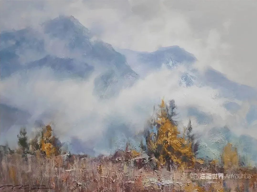 雾气缭绕，很有意境的风景油画！