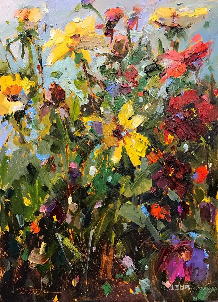 色彩强烈、大笔触的花卉，米歇尔·乌西贝里作品