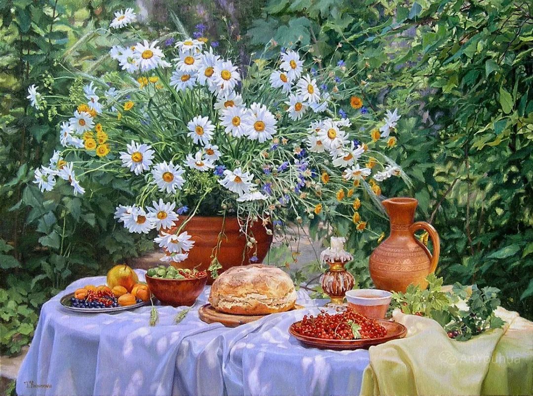 阳光下的静物花卉，乌克兰画家Gennadiy Kirichenko作品