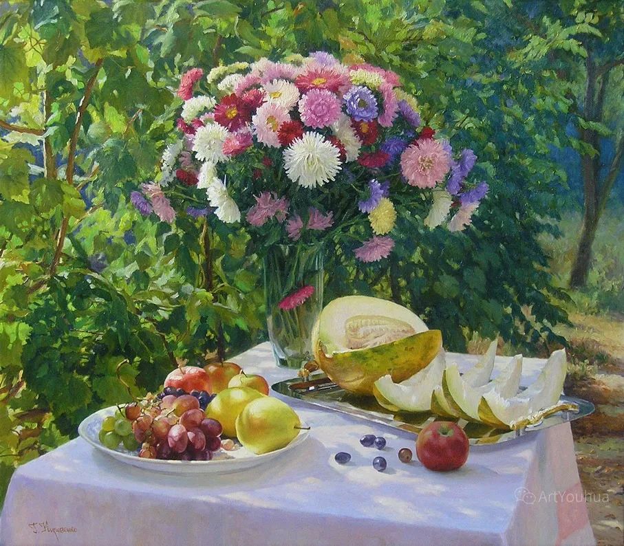 阳光下的静物花卉，乌克兰画家Gennadiy Kirichenko作品