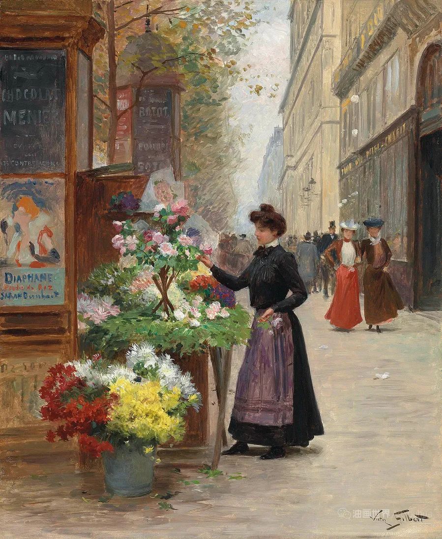 巴黎集市卖花女，法国画家维克多·吉尔伯特作品欣赏