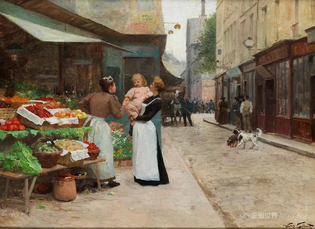 巴黎集市卖花女，法国画家维克多·吉尔伯特作品欣赏